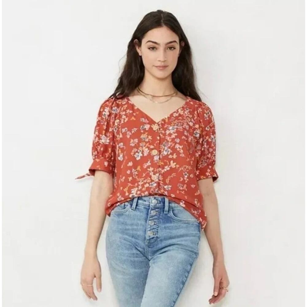 LC Lauren Conrad Womens XL Top Floral Blouse Peasant Button Orange Boho Summer